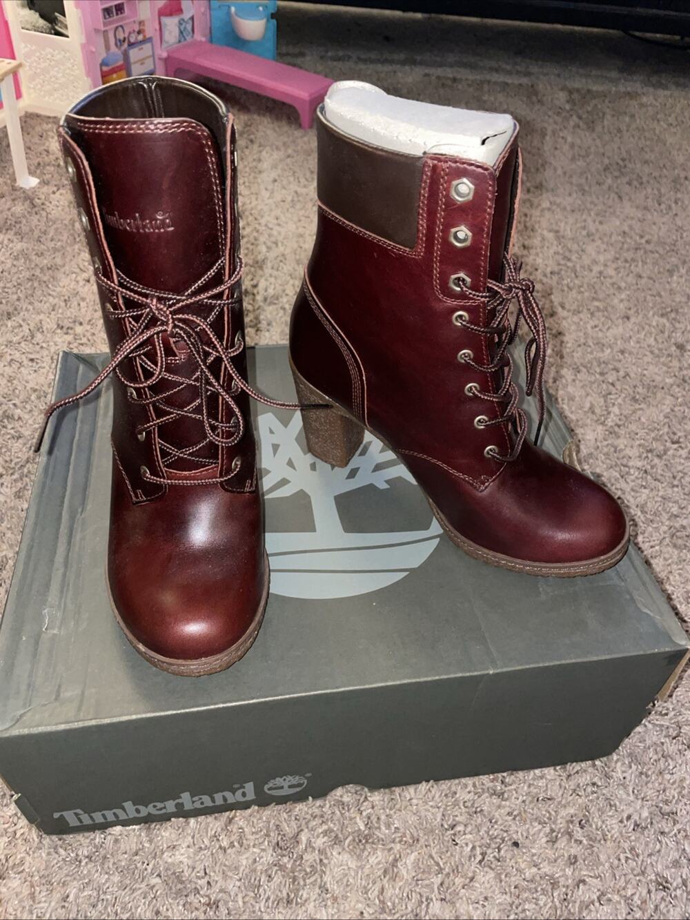 TIMBERLAND Glancy Brown Leather Heels Lace-up Ankle Booties A18Z6 Size 6